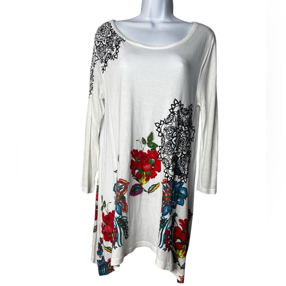 Desigual Floral Lace Back Top Women Size XL White Embroidered Scoop Neck